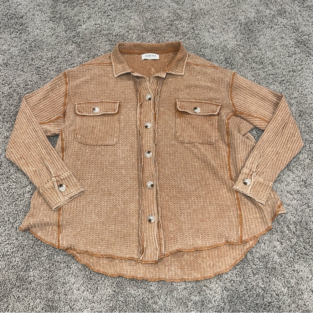 The Post Boutique Waffle Knit Button Down Brown Collared Slouchy Top Shirt Small